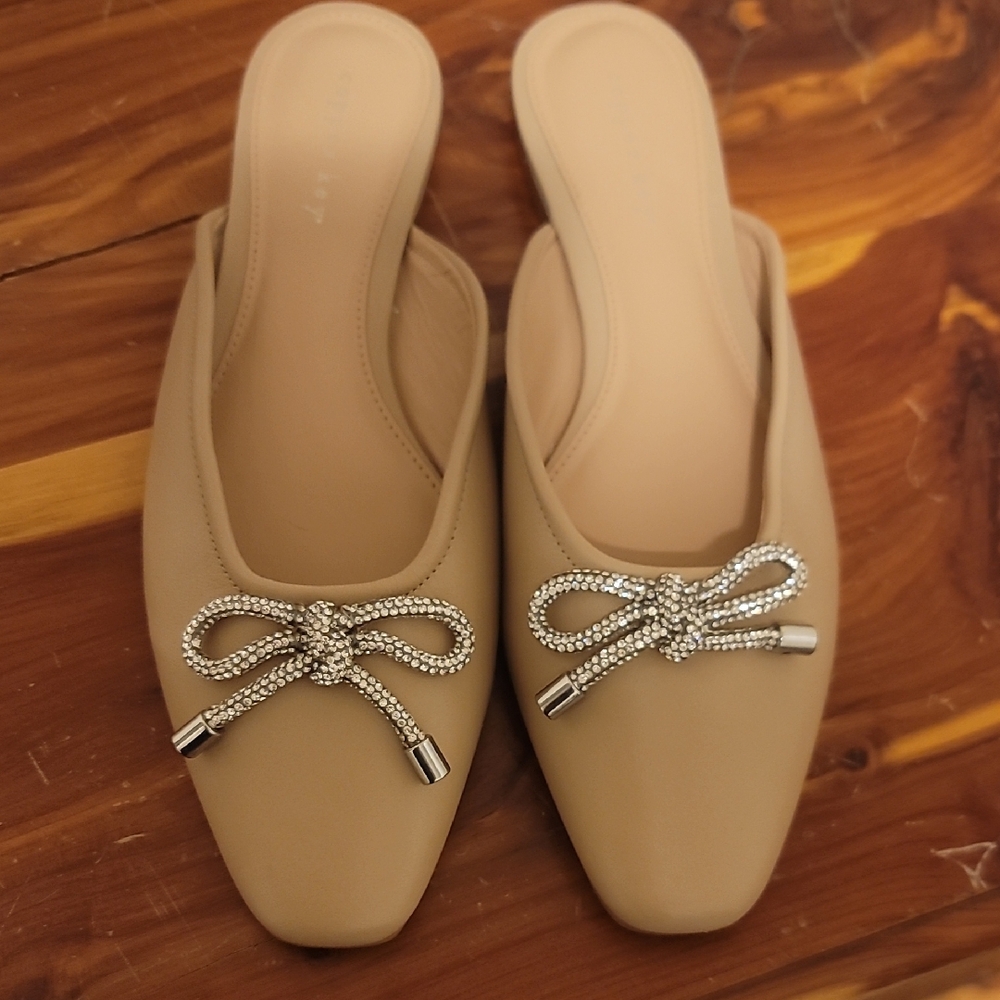 Elegant Beige Slip-On Mules with Bow Accent